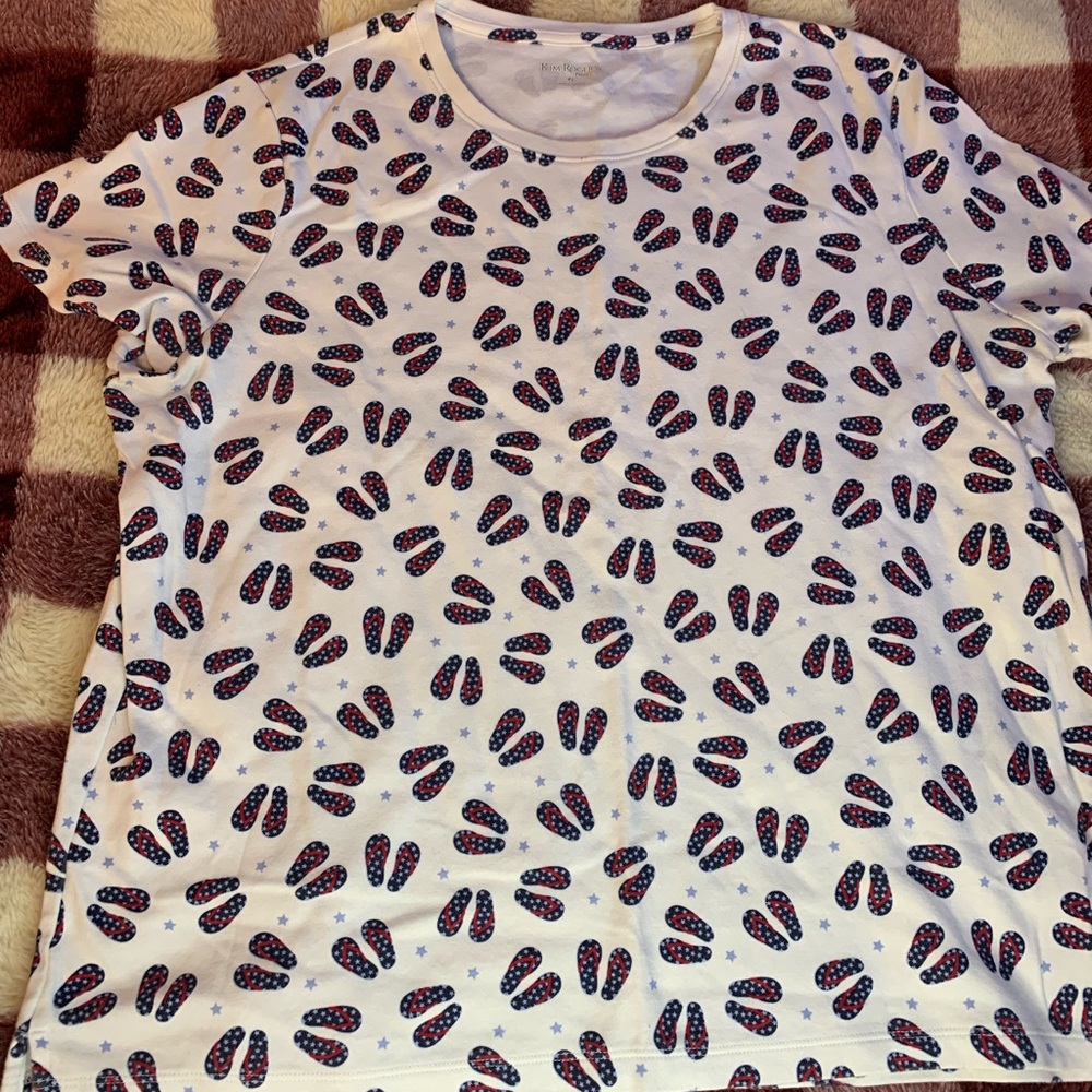 White, Kim Rogers, Flipflop print shirt. Size PL Petite